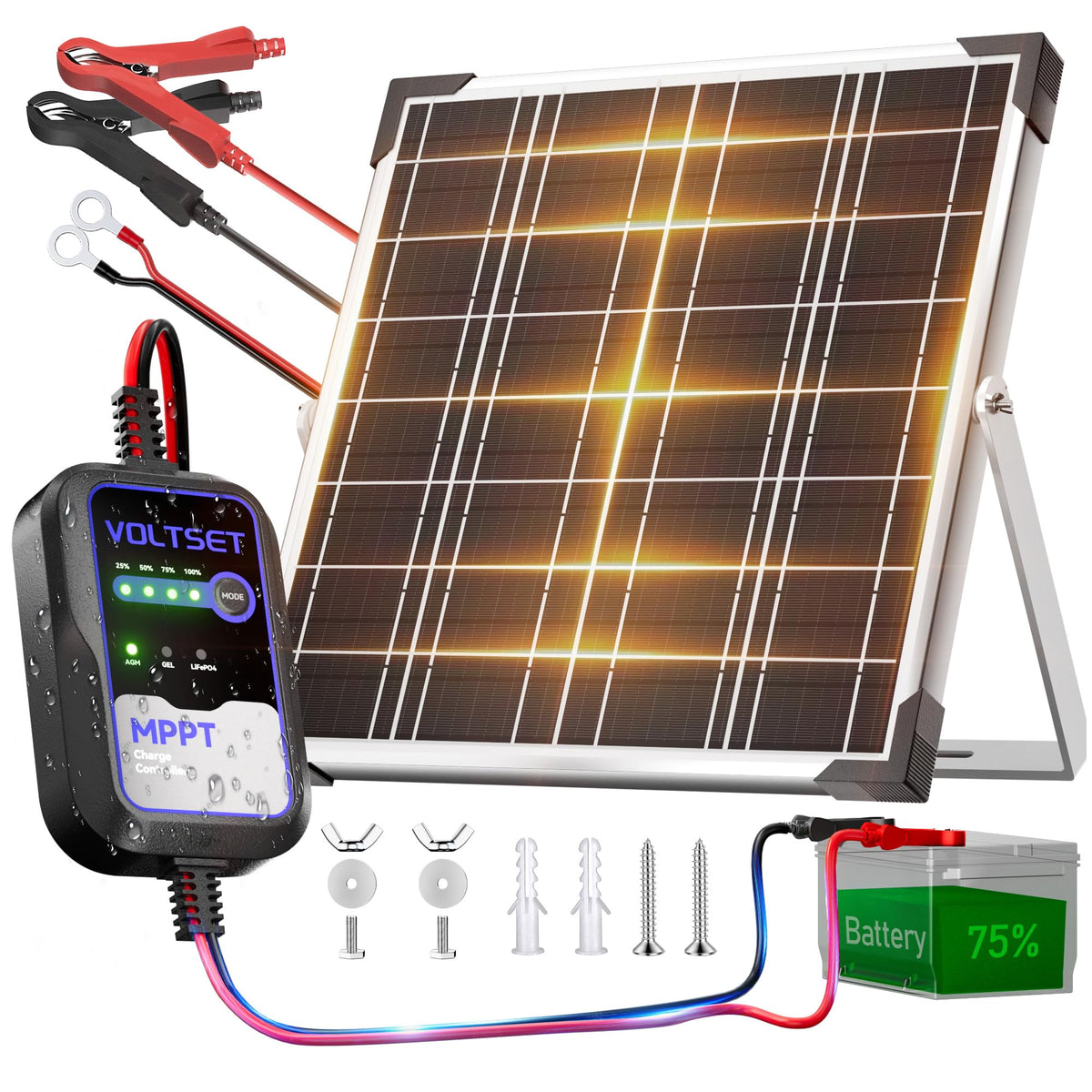 Voltset 20W solar panel assembly powering devices outdoors for portable power