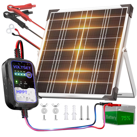 Voltset 20W solar panel assembly powering devices outdoors for portable power