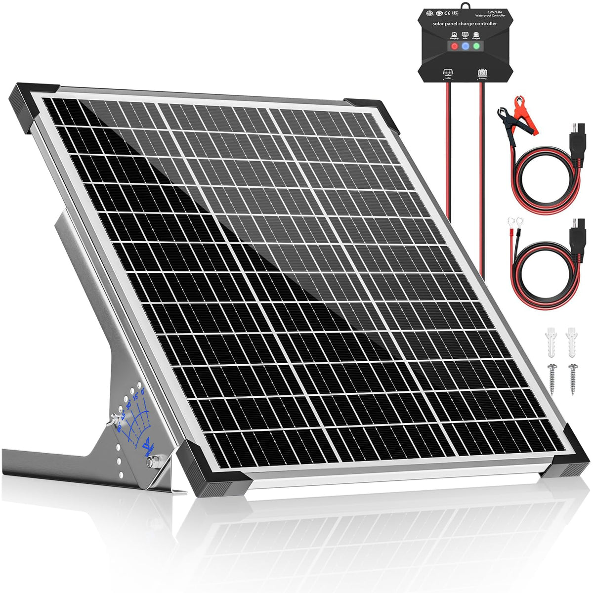 Voltset 50W solar panel mounted on a roof soaking sunlight to top up 12V batteries.