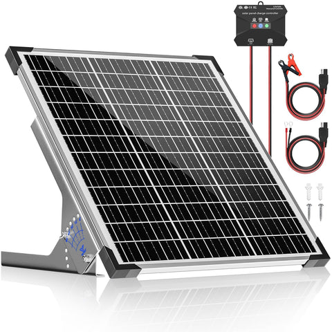 Voltset 50W solar panel mounted on a roof soaking sunlight to top up 12V batteries.
