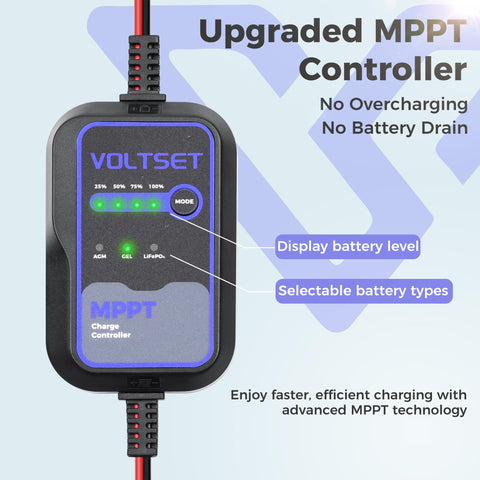Voltset MPPT controller display showing charge indicators