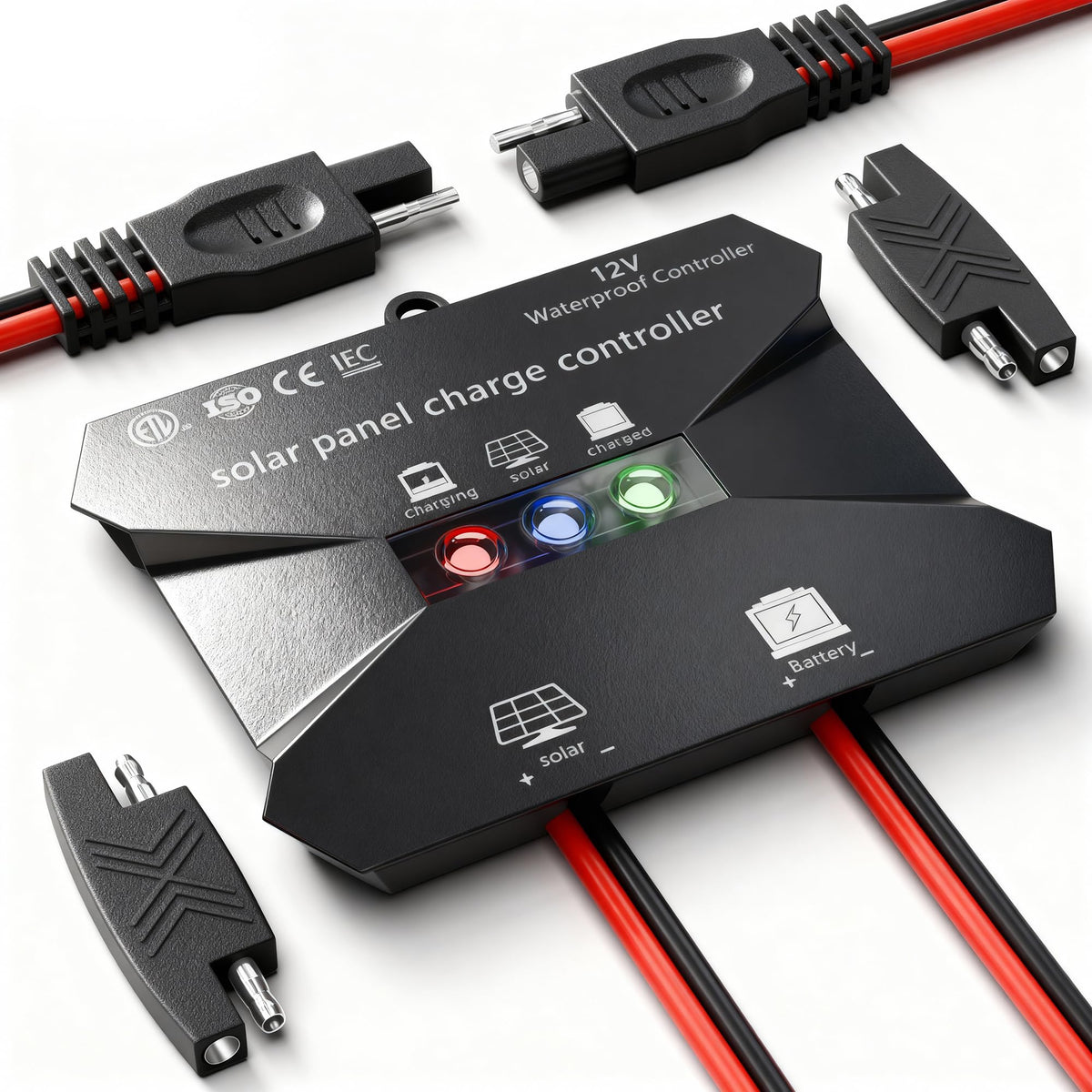 Voltset MPPT controller front view shows compact design ideal for RV and boat installations.