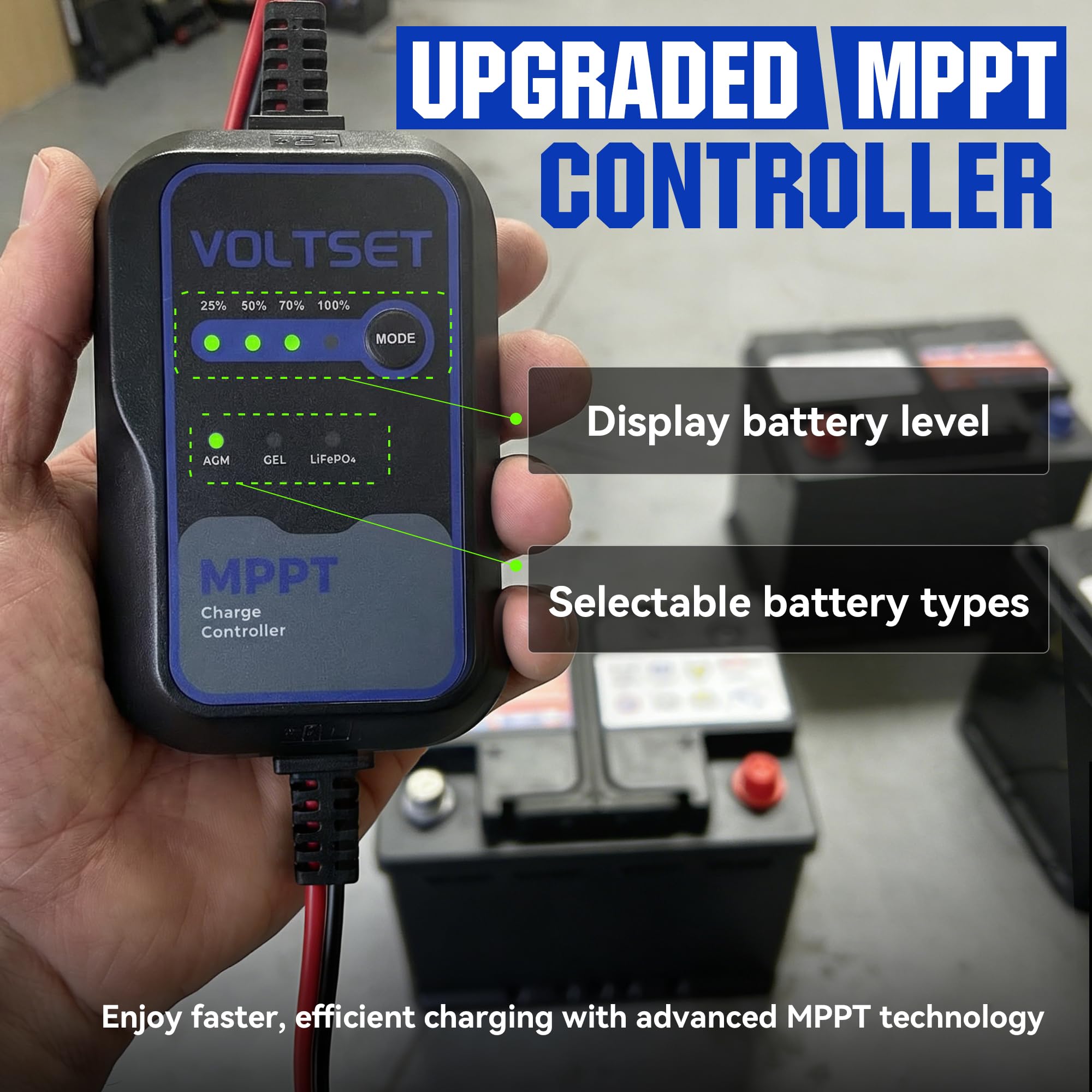 Voltset MPPT controller indicators showing charging status clearly