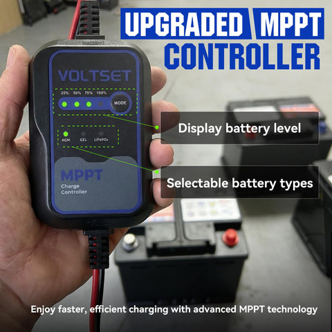 Voltset MPPT controller indicators showing charging status clearly