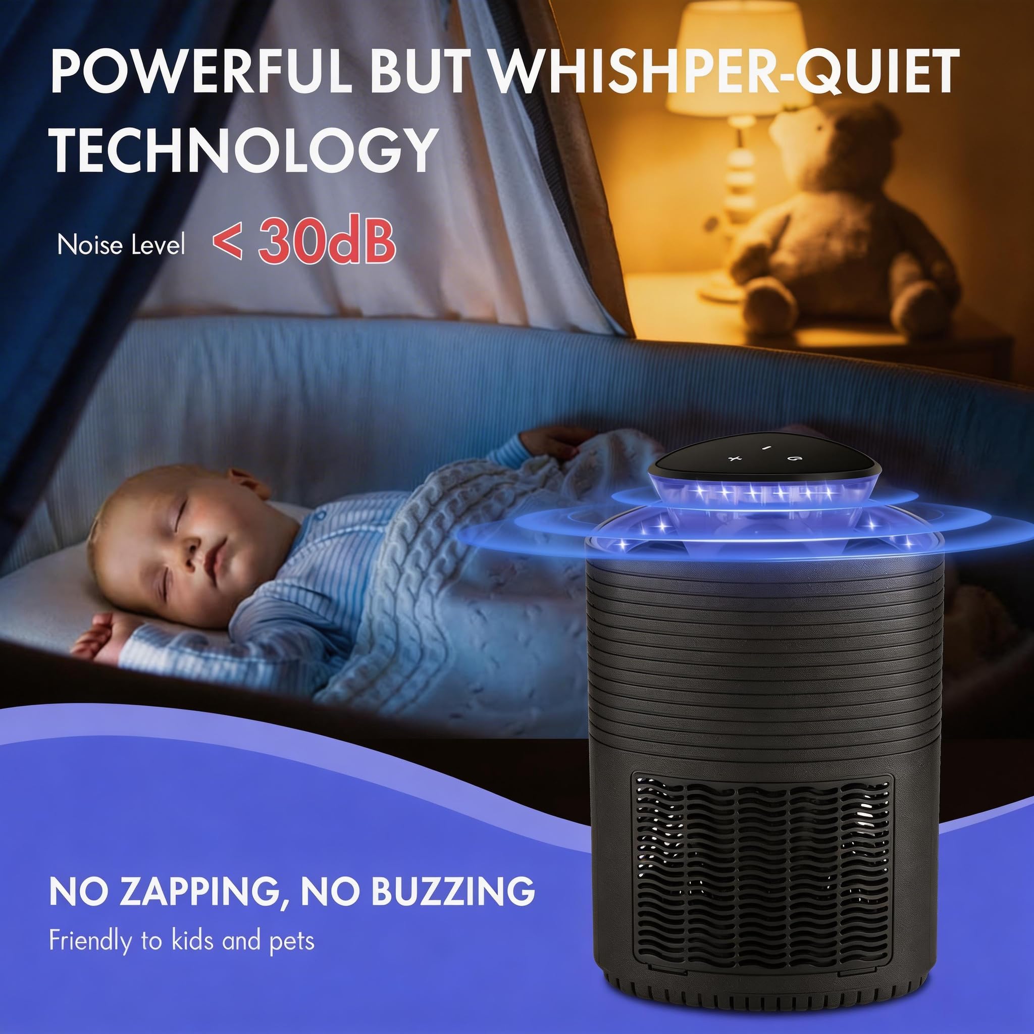 VOLTSYNXRZ electric fly trap with powerful dual-core motor boosts suction.