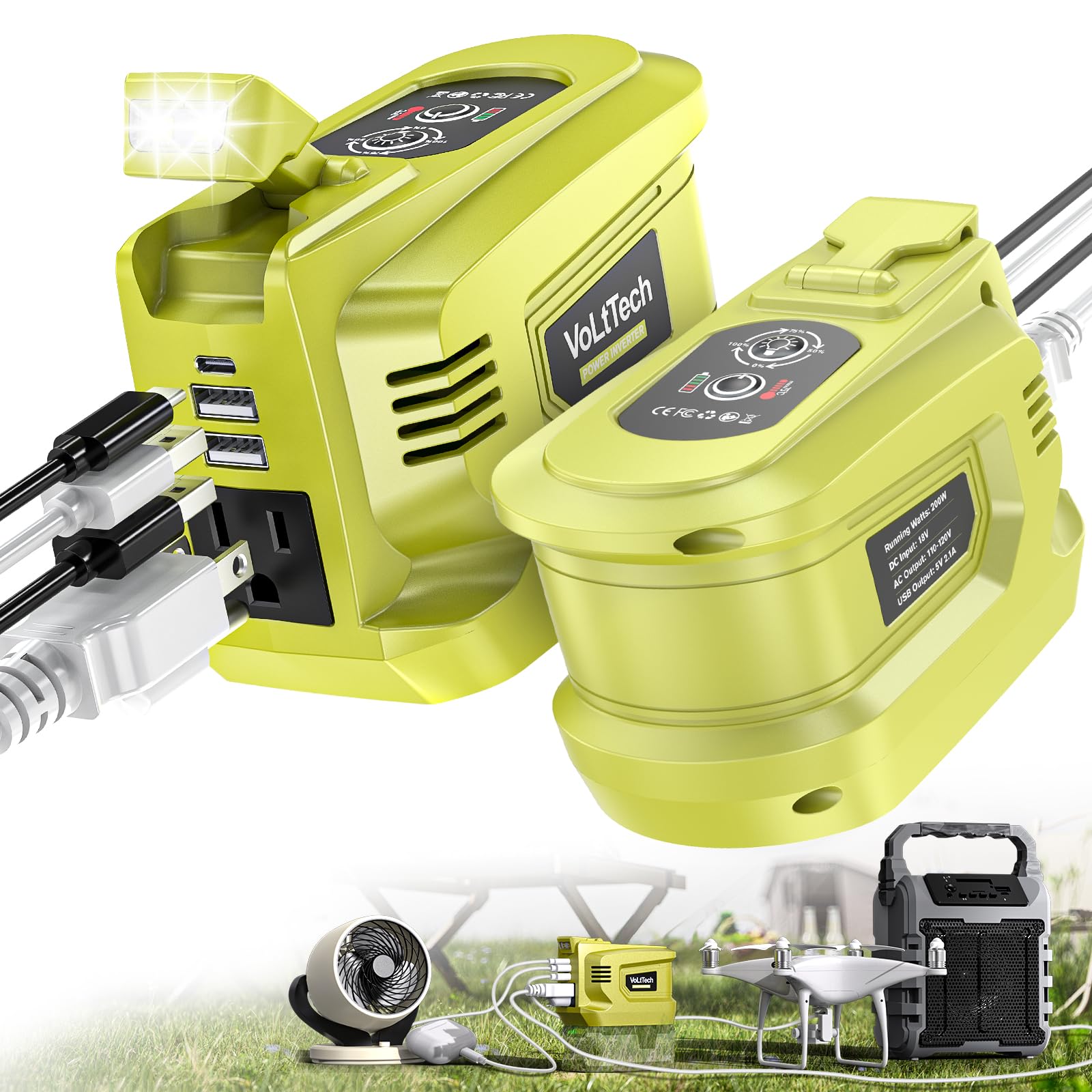 VolTech 2-pack portable inverter snapshot highlighting compact design for travel and camping.