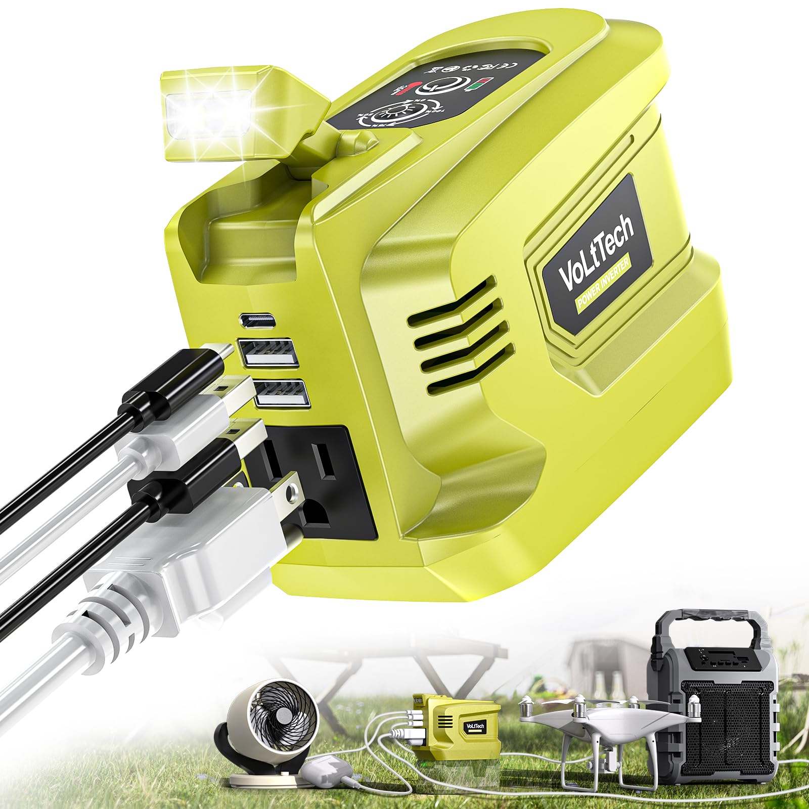 VoLtTech Real 200W inverter powering devices with Ryobi 18V battery on the go.