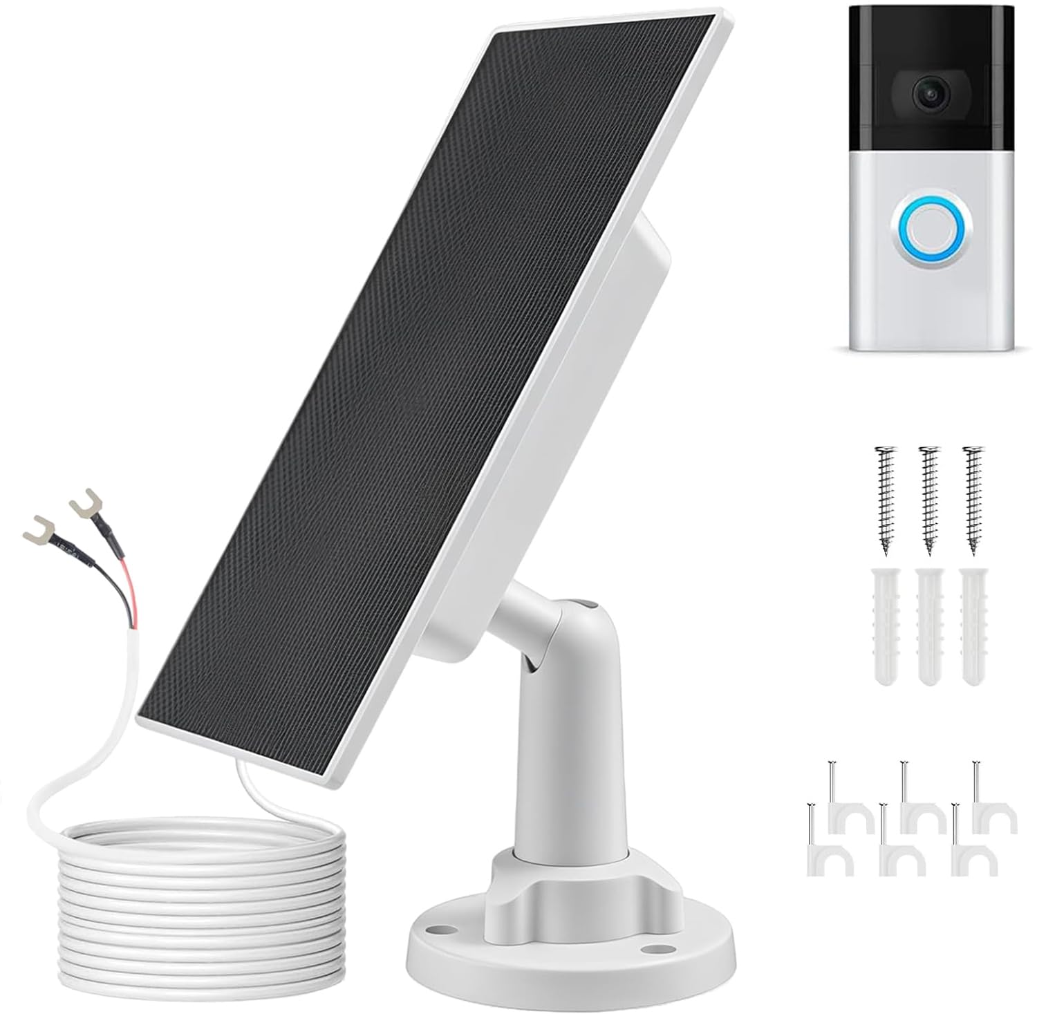 VOMA solar charger bracket shows adjustable positioning for optimal sunlight on the Ring doorbell.