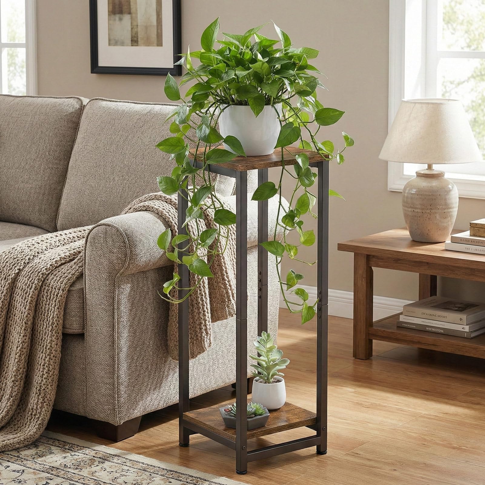 VonDream corner plant stand fits snugly in a cozy living room corner.