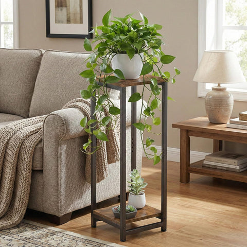 VonDream corner plant stand fits snugly in a cozy living room corner.