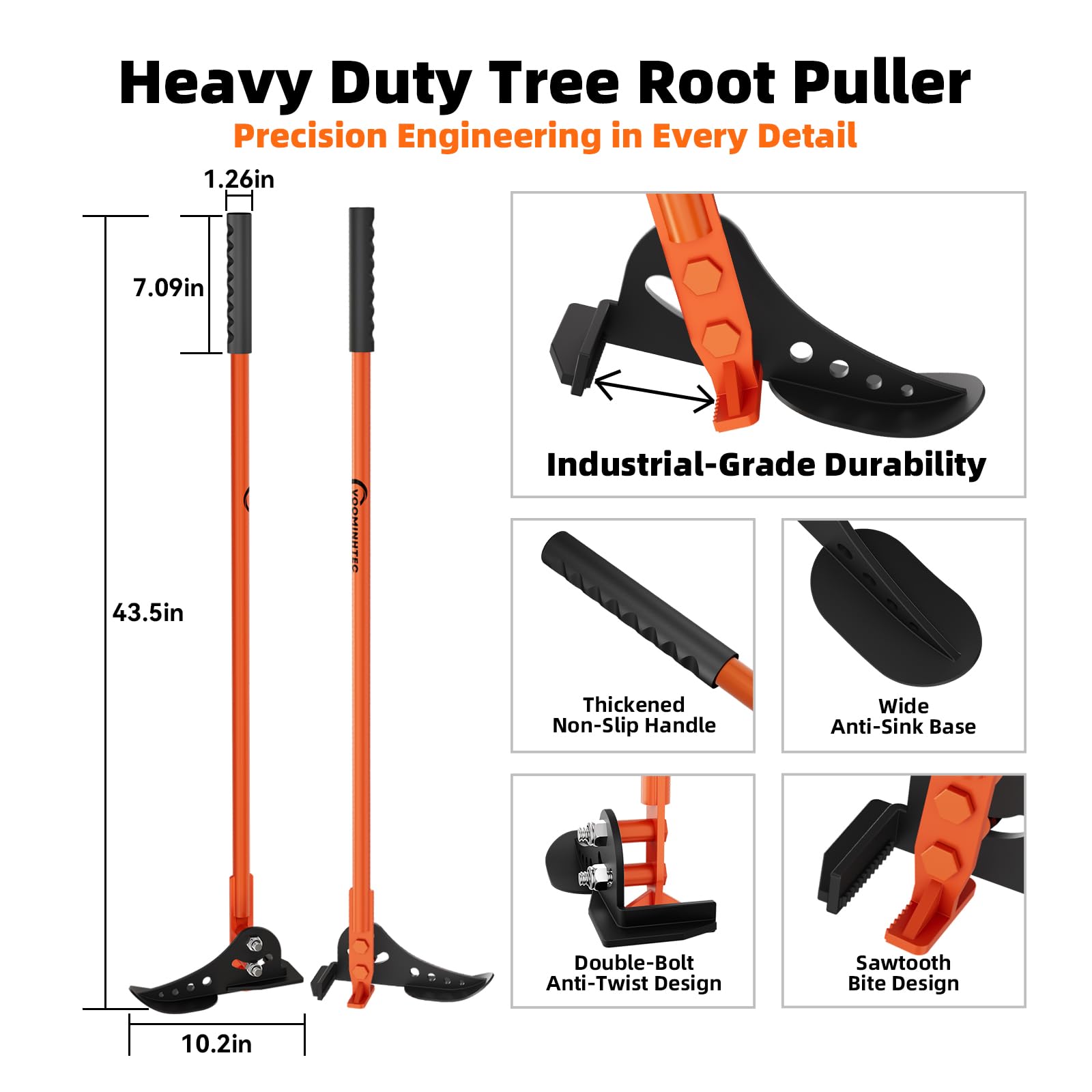 voominhtec heavy-duty tree puller serrated jaws grip roots securely for complete extraction.