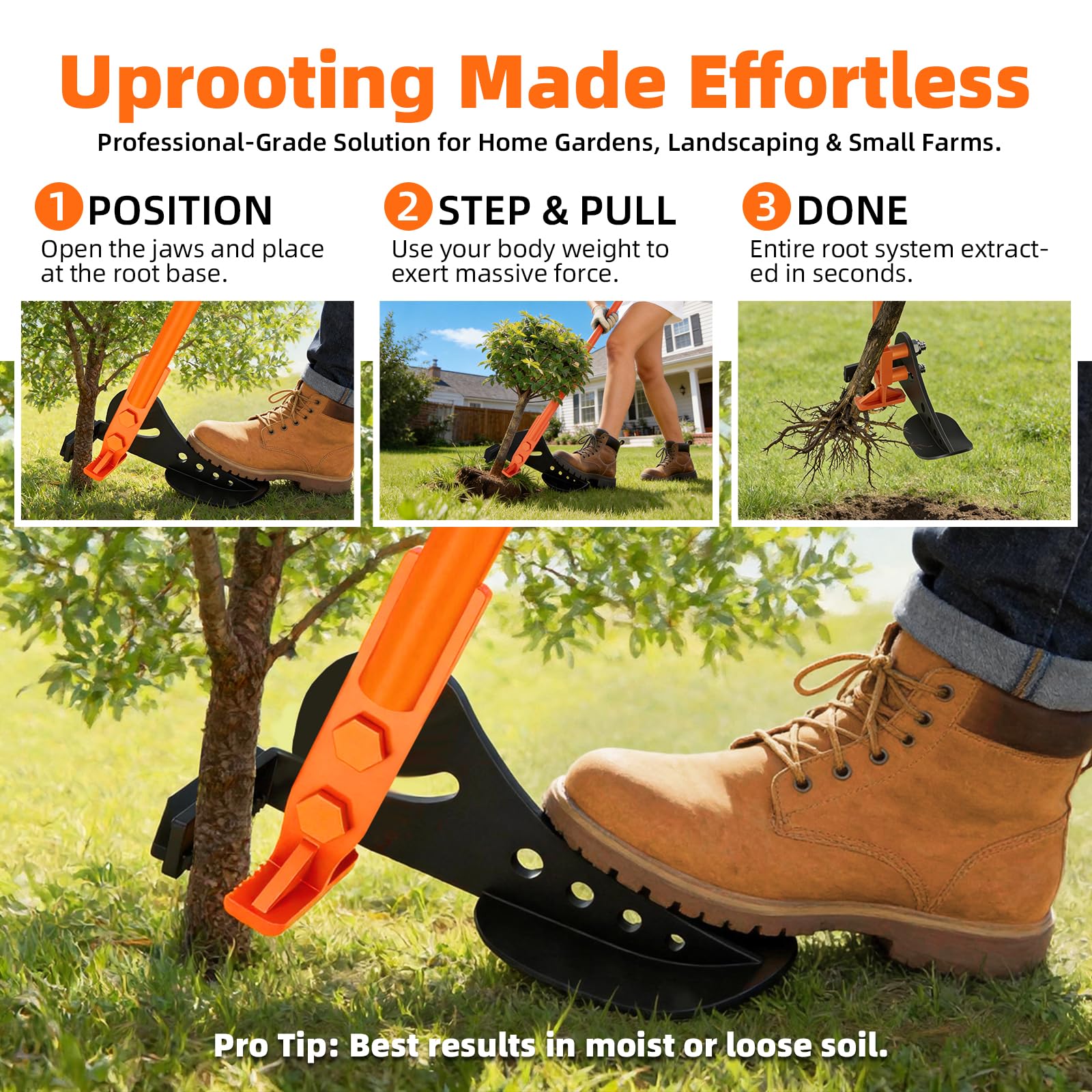 voominhtec tree puller stand-up design reduces kneeling and bending during vegetation clearing.