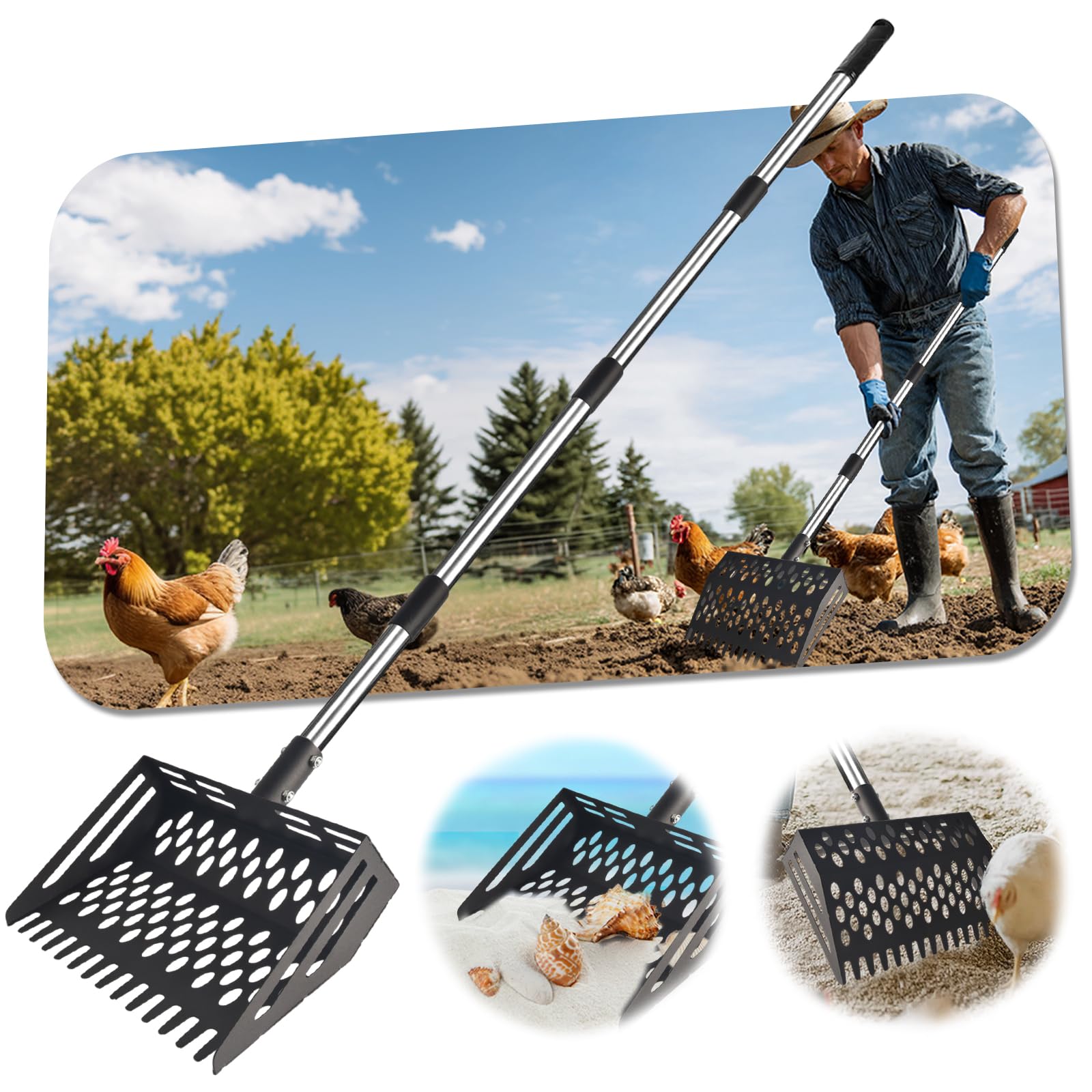 Vorhomness chicken-poop-scooper-rake-2in1-36-65 in action for efficient coop cleanup.