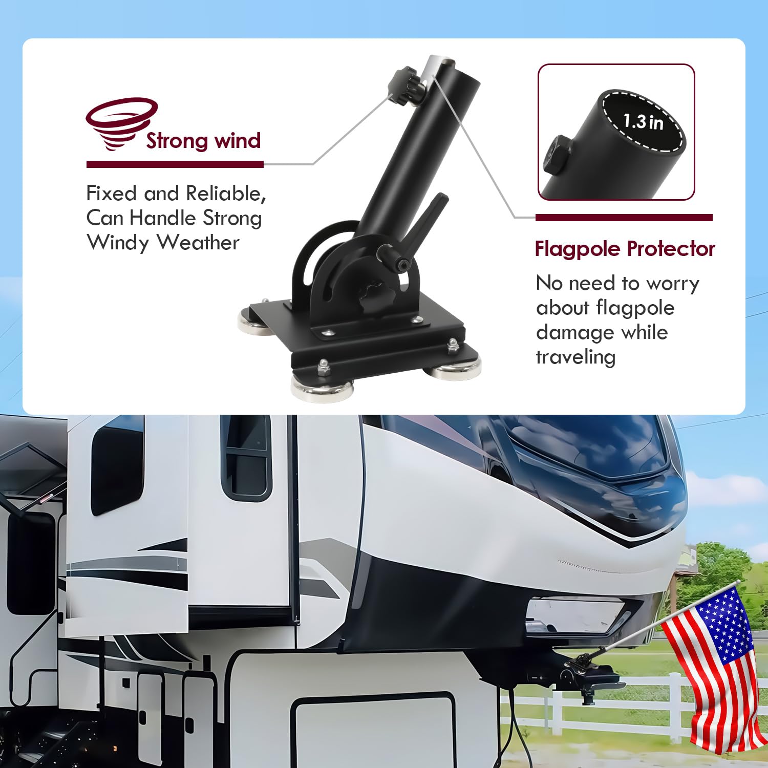 Vornalex 180 degree adjustable flag pole holder shown in use on an RV