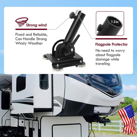 Vornalex 180 degree adjustable flag pole holder shown in use on an RV