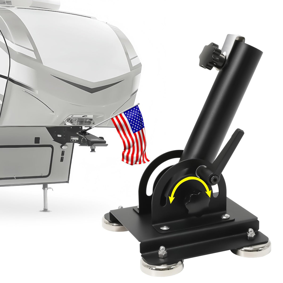 Vornalex magnetic flag pole holder mounted on a 5th wheel hitch securing a flag