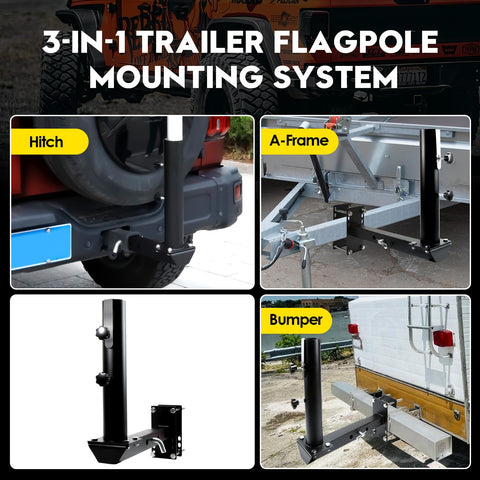 Vornalex RV flag pole mount hitch secures rear installation for on-road use.