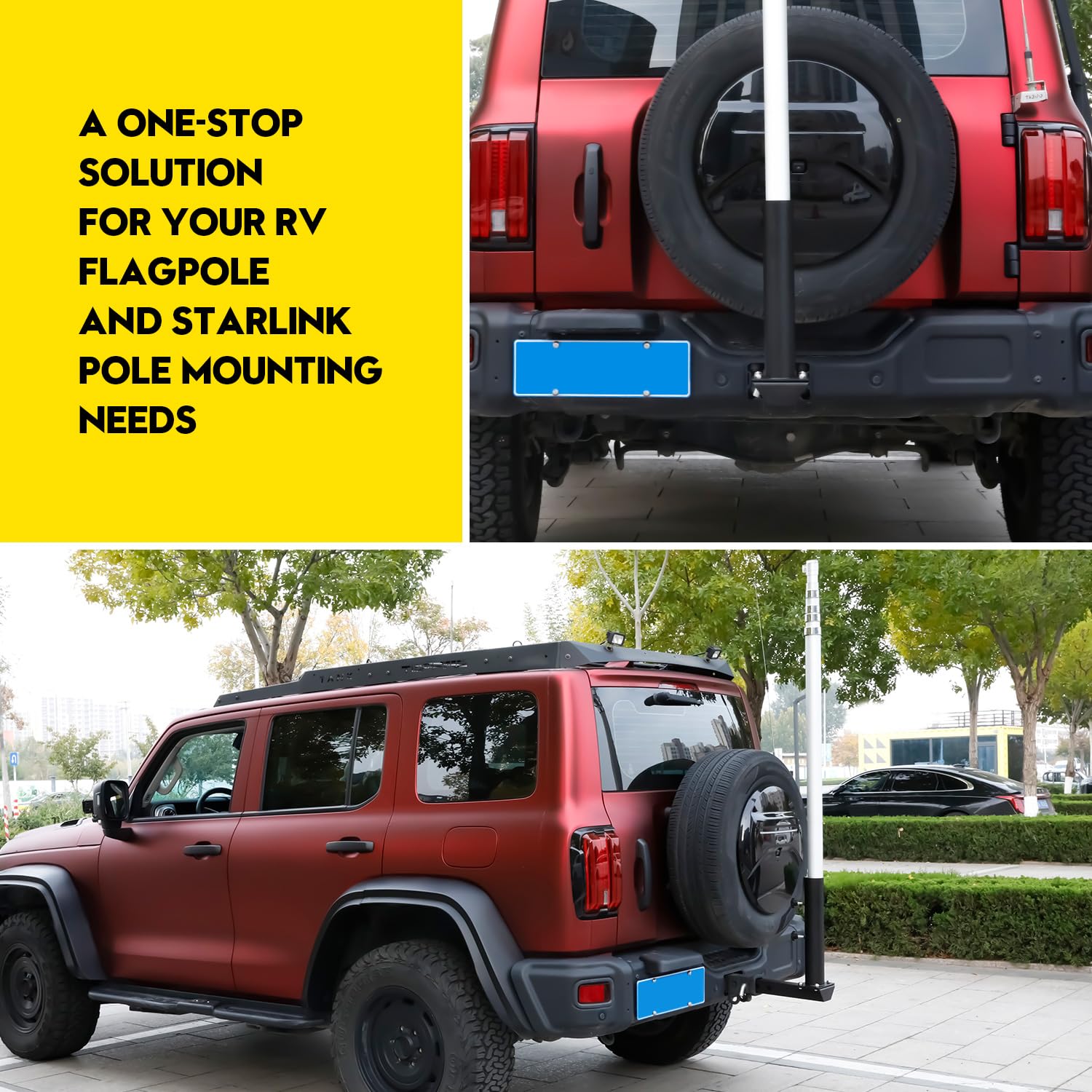 Vornalex multi-use RV mount supports flag poles, Starlink, bike racks, and cargo trays.