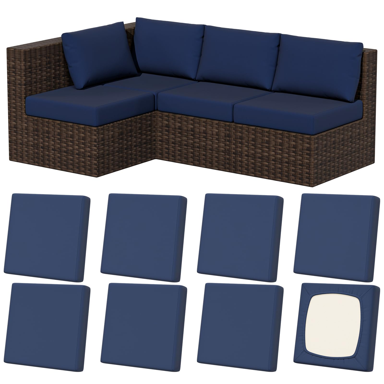 Vorshape navy stretch cushion covers eight-pack, close-up showing elastic fit.