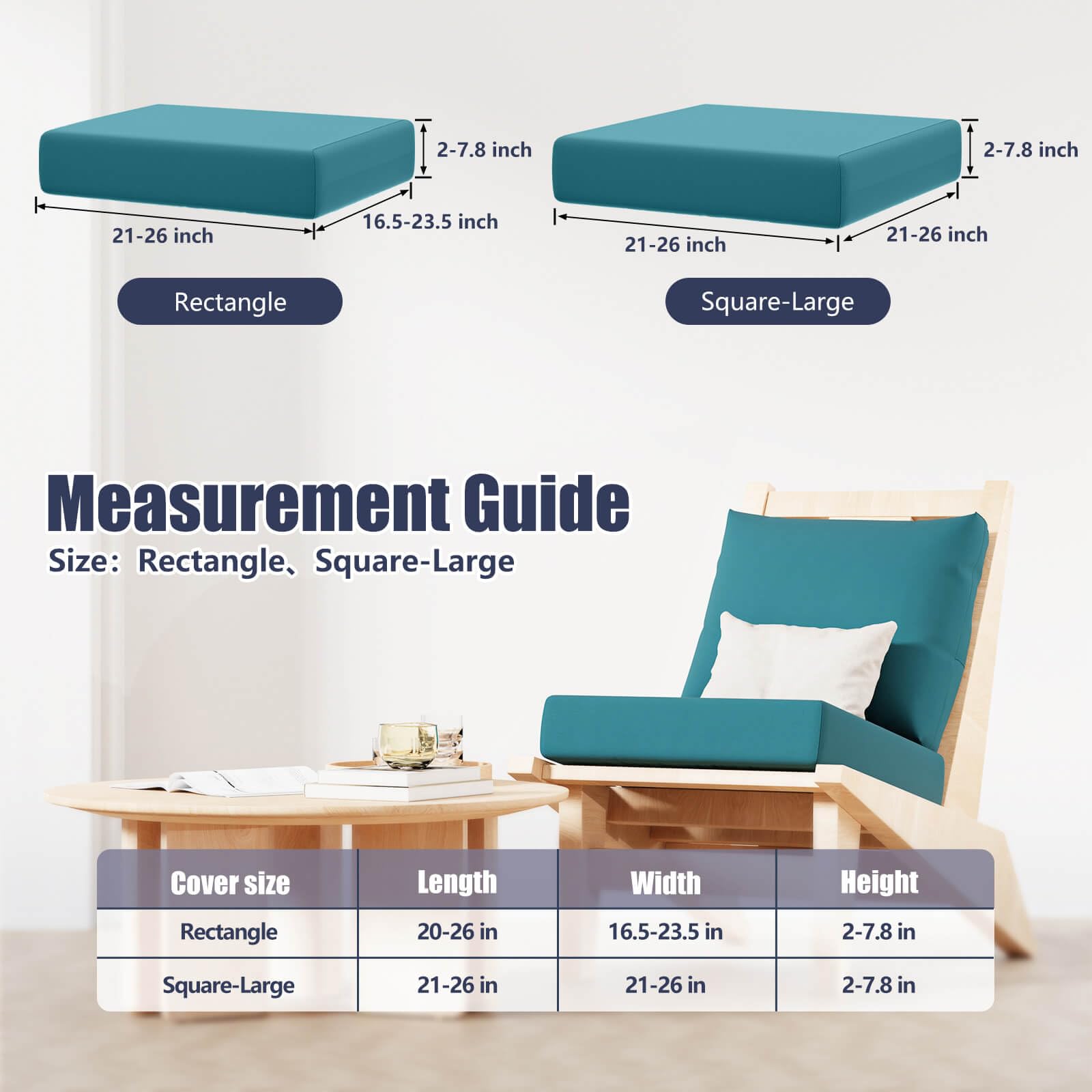 Vorshape rectangle petrol blue cushion cover on outdoor sofa with back elastic straps.