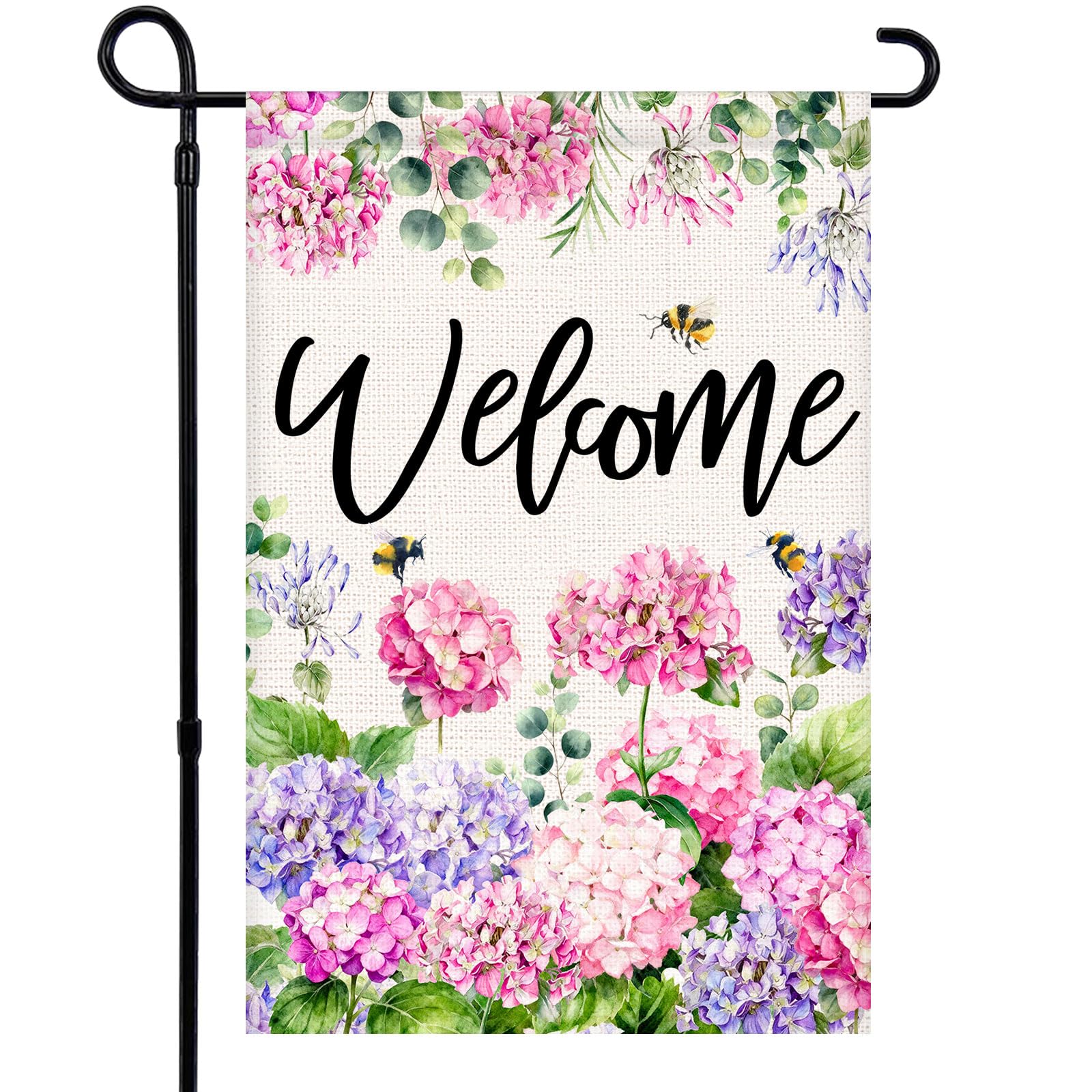 Vorupel Welcome Spring Summer garden flag with hydrangea bees, adding colorful curb appeal.