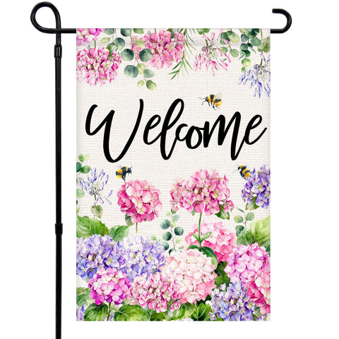Vorupel Welcome Spring Summer garden flag with hydrangea bees, adding colorful curb appeal.