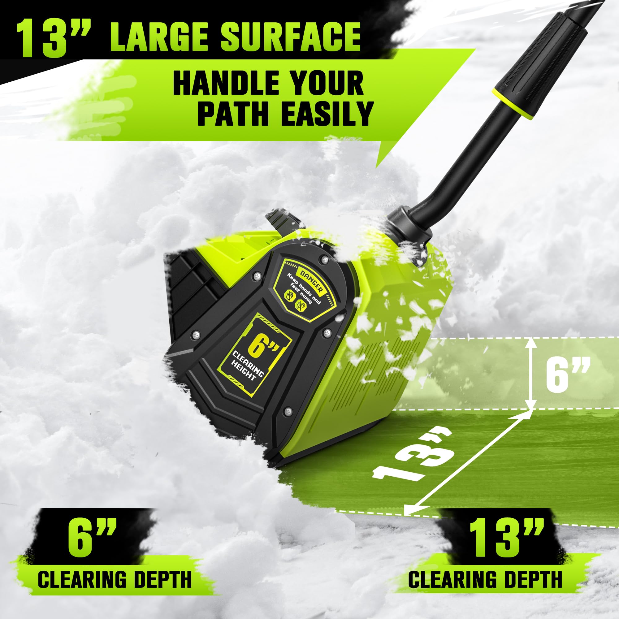 VOTLEMI snow shovel shows the 30-degree adjustable plate in action for precise control.