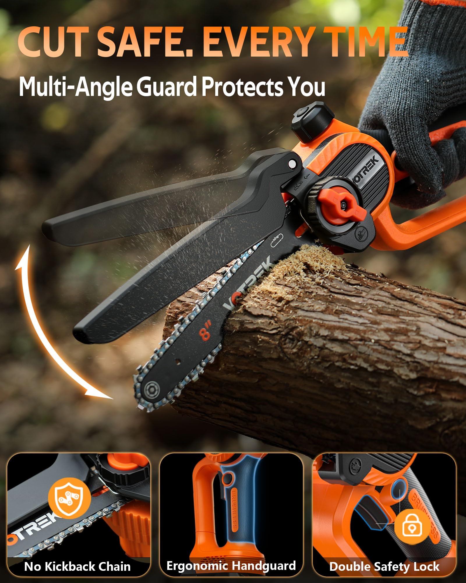 VOTREK 8-inch mini chainsaw auto oiler maintains lubrication