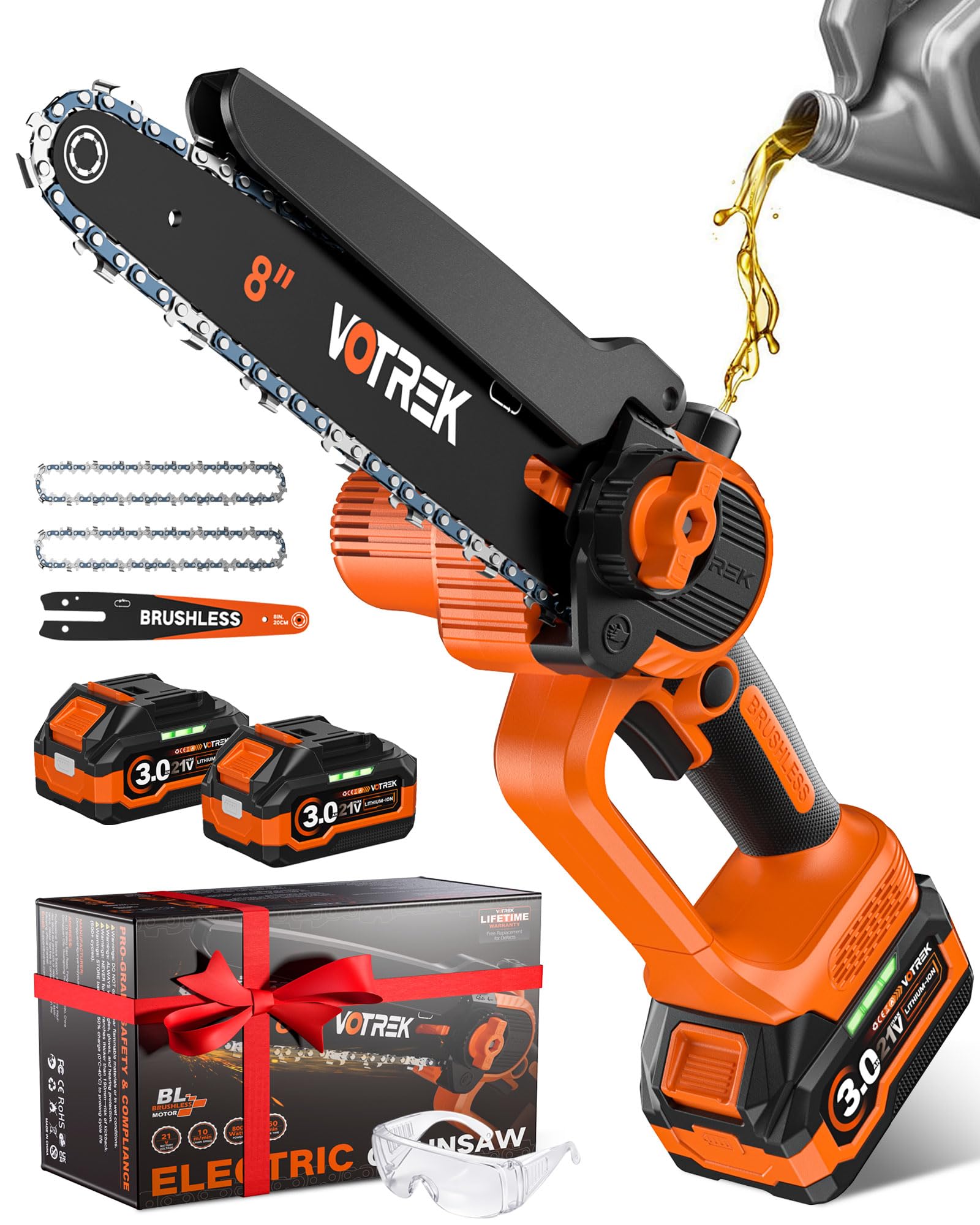 VOTREK 8-inch mini chainsaw with battery pack for extended outdoor work.