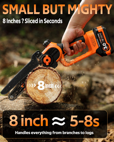 VOTREK mini chainsaw featuring brushless motor for smoother cuts.