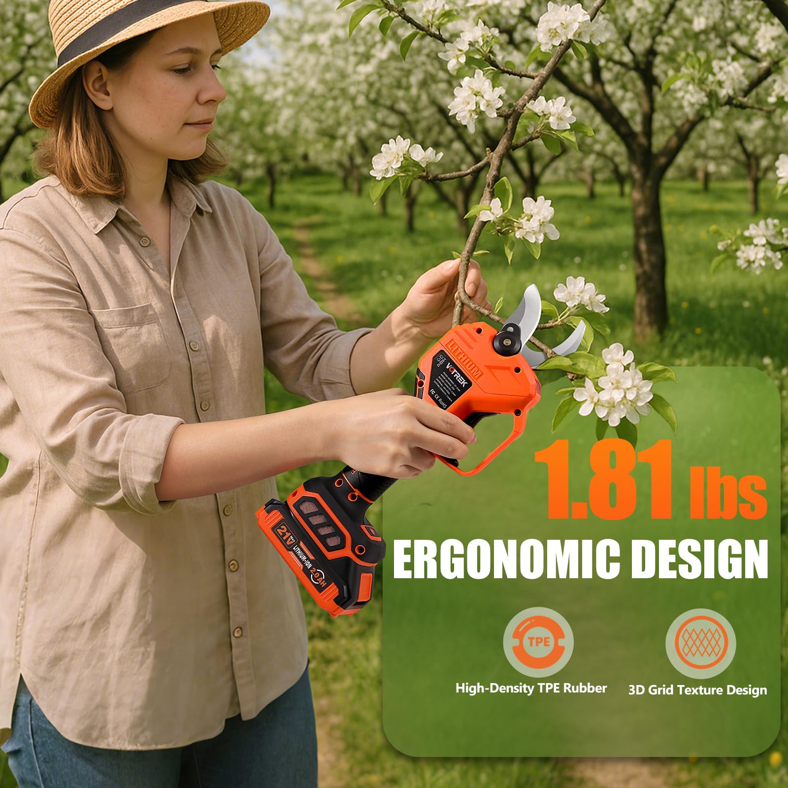 VOTREK dual 2000mAh batteries enable extended pruning sessions