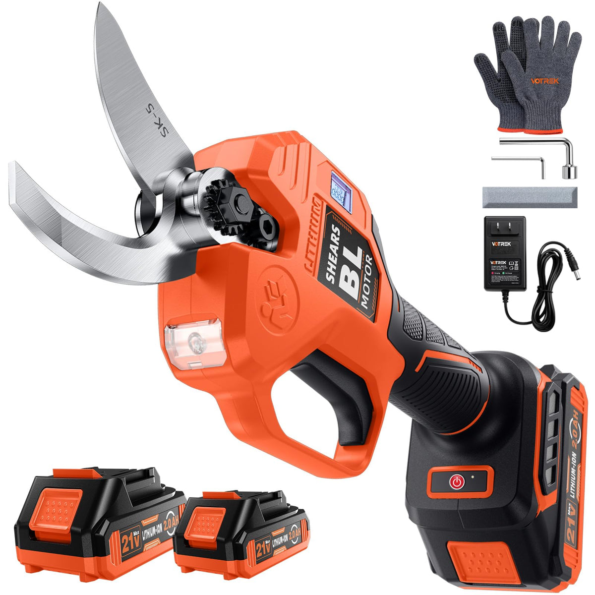 VOTREK electric pruning shears showing dual-cutting modes for precise trimming