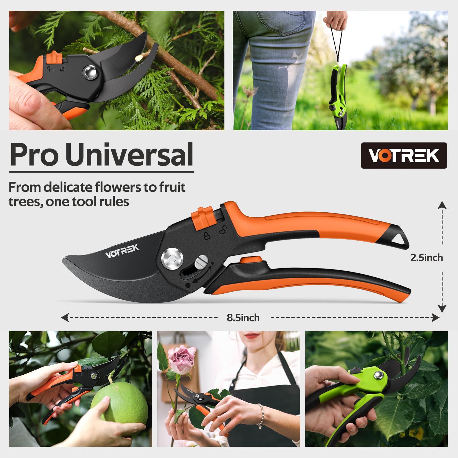 VOTREK ergonomic grip with TPR coating reduces fatigue during pruning.