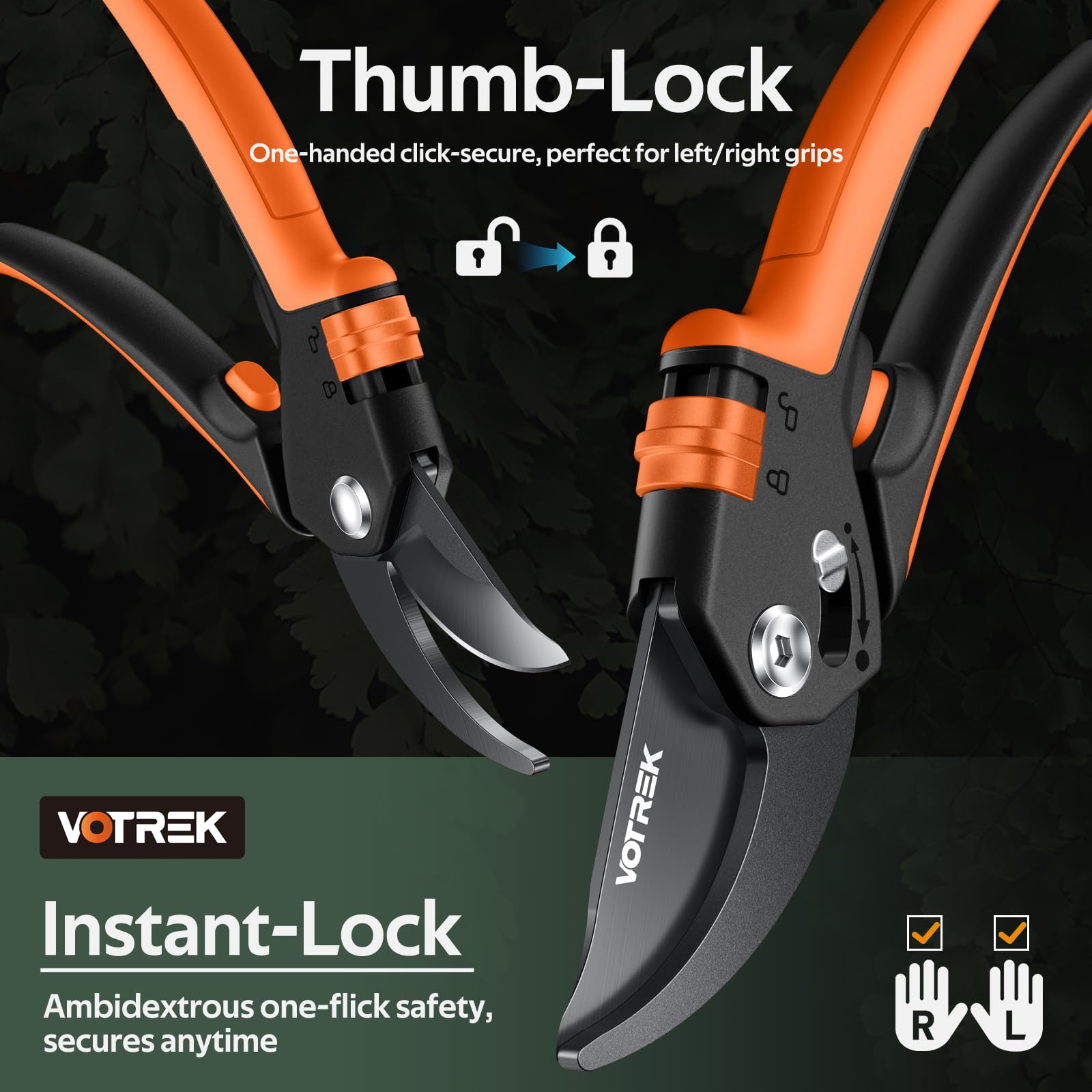 VOTREK SK5 steel blades stay sharp for long-lasting pruning performance.