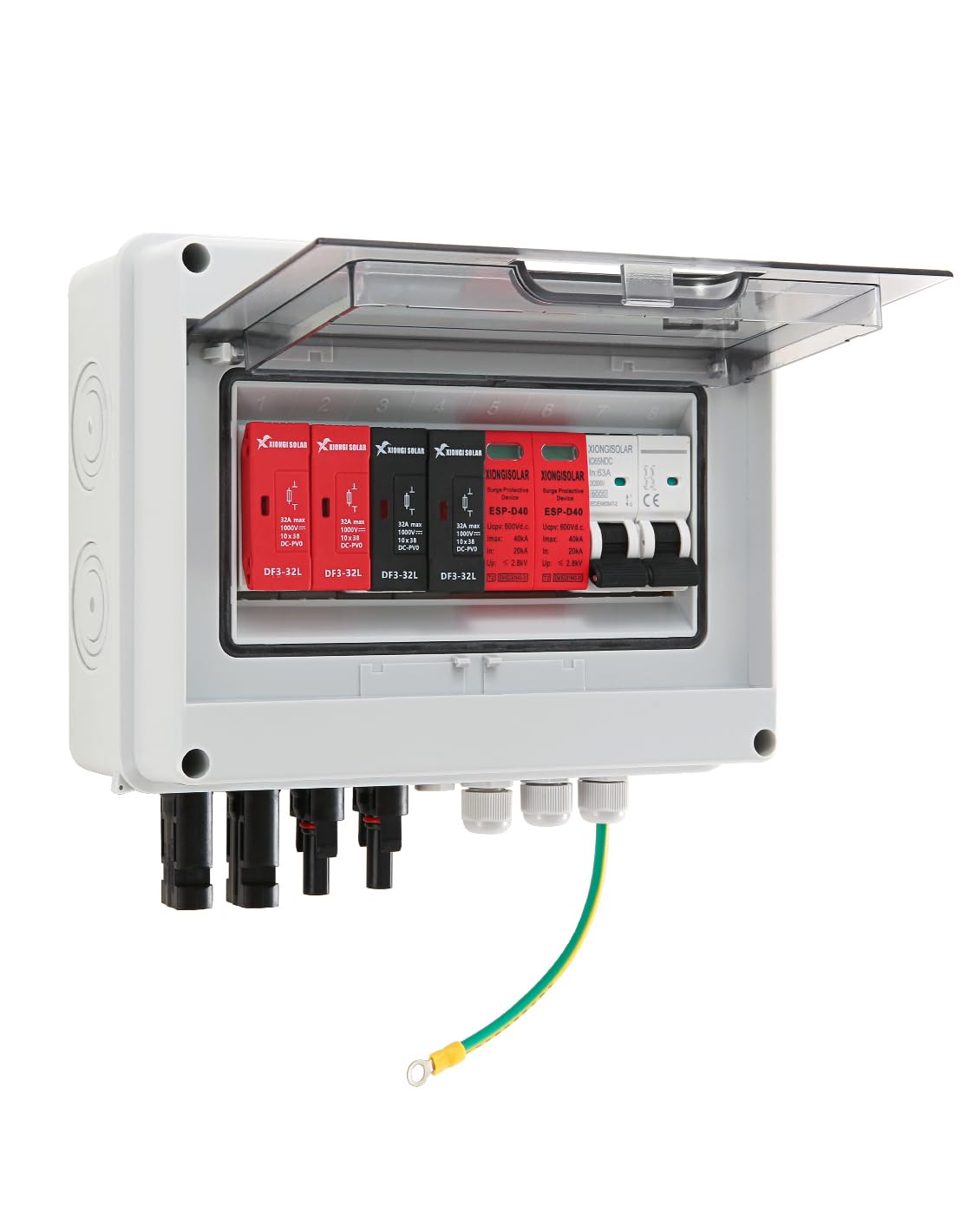 VOU 600V PV combiner box front view showing IP65 protection for outdoor use