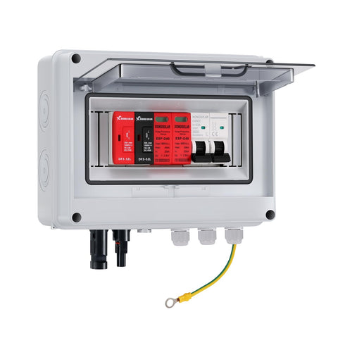 VOU 600V combiner box front view with IP65 housing protecting outdoor solar arrays