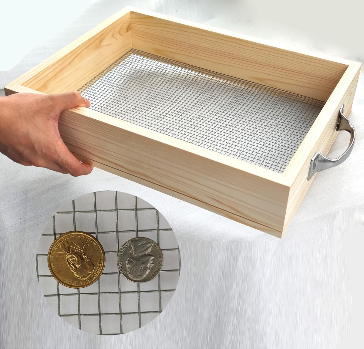 Voulosimi soil sifter 3-8 mesh screen for quick debris removal in potting soil.