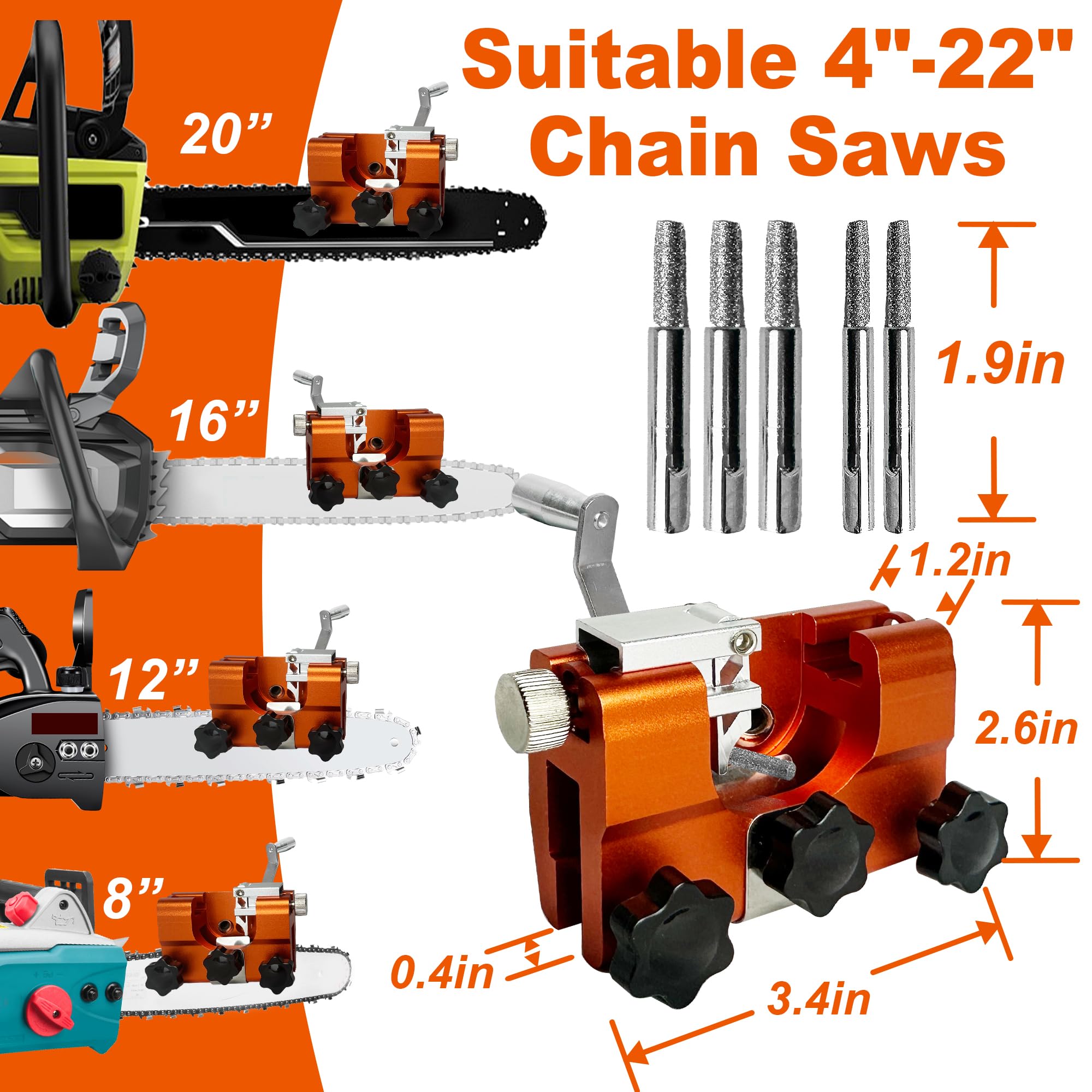 VOUSXLLEZ sharpener demonstrates 4-22 inch chain compatibility for versatility.