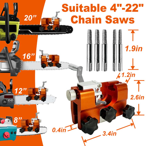 VOUSXLLEZ sharpener demonstrates 4-22 inch chain compatibility for versatility.