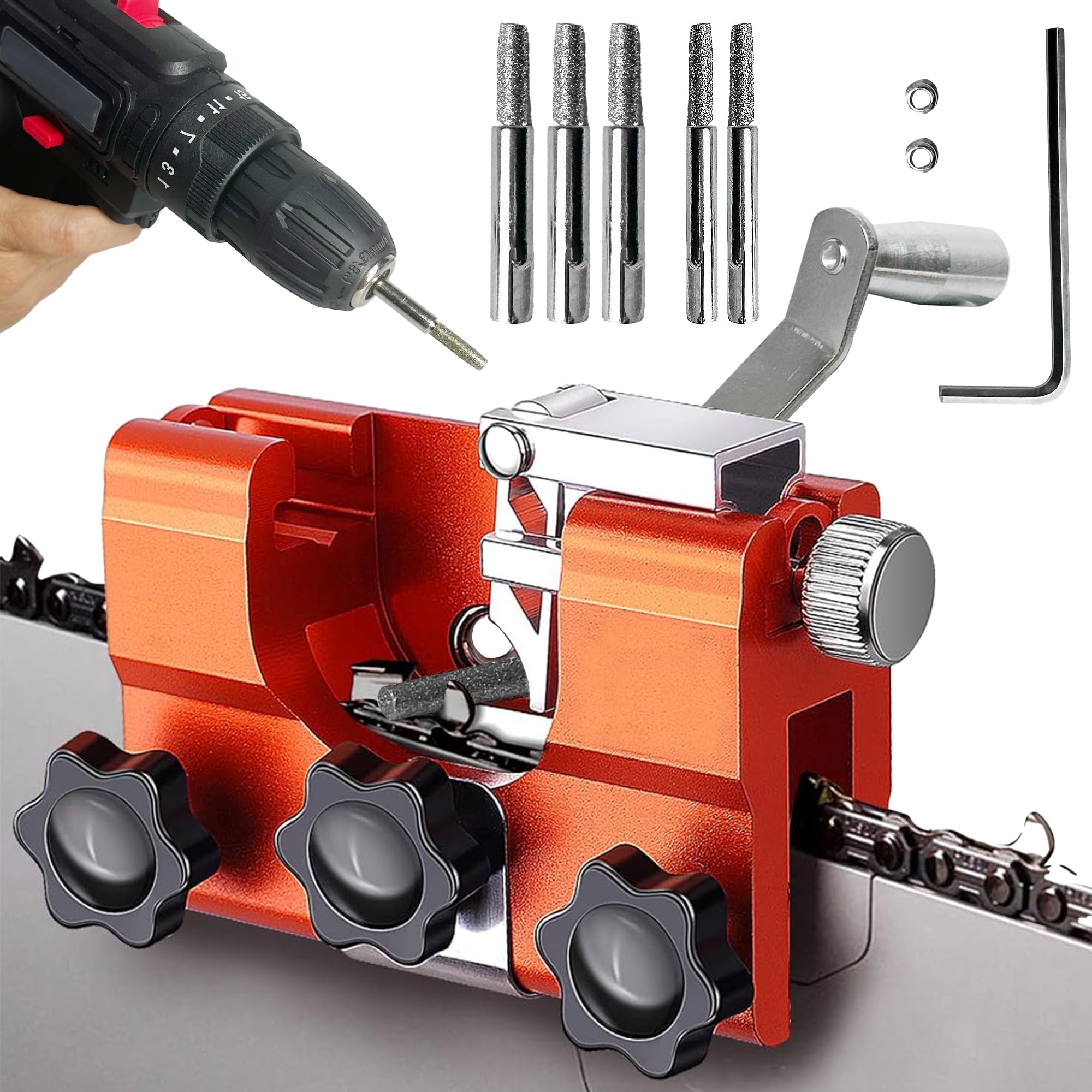 VOUSXLLEZ sharpener front view showing quick, even tooth sharpening.