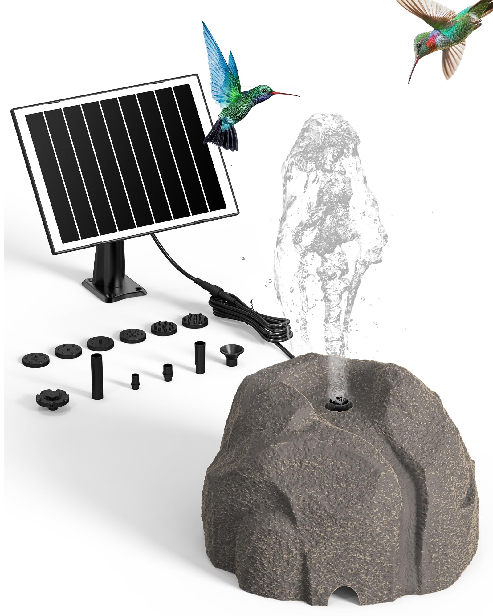 Vovamo solar fountain with ten nozzles for vibrant garden water features.