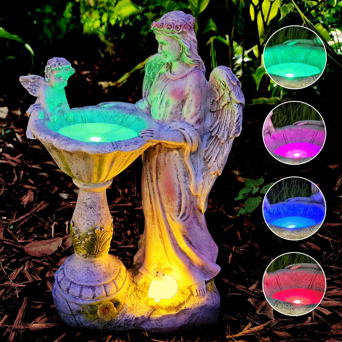 Voveexy solar garden statue angel figurine with color-changing RGB light for night ambience.