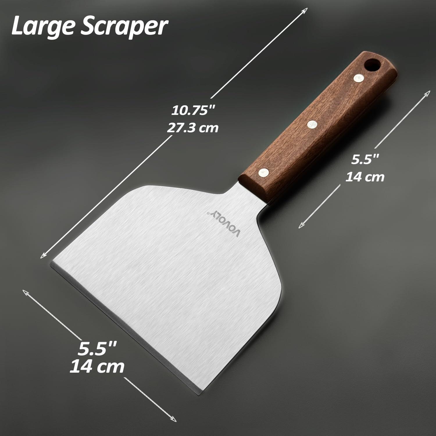 Vovoly stainless steel scraper with beveled edge for precise lifting.