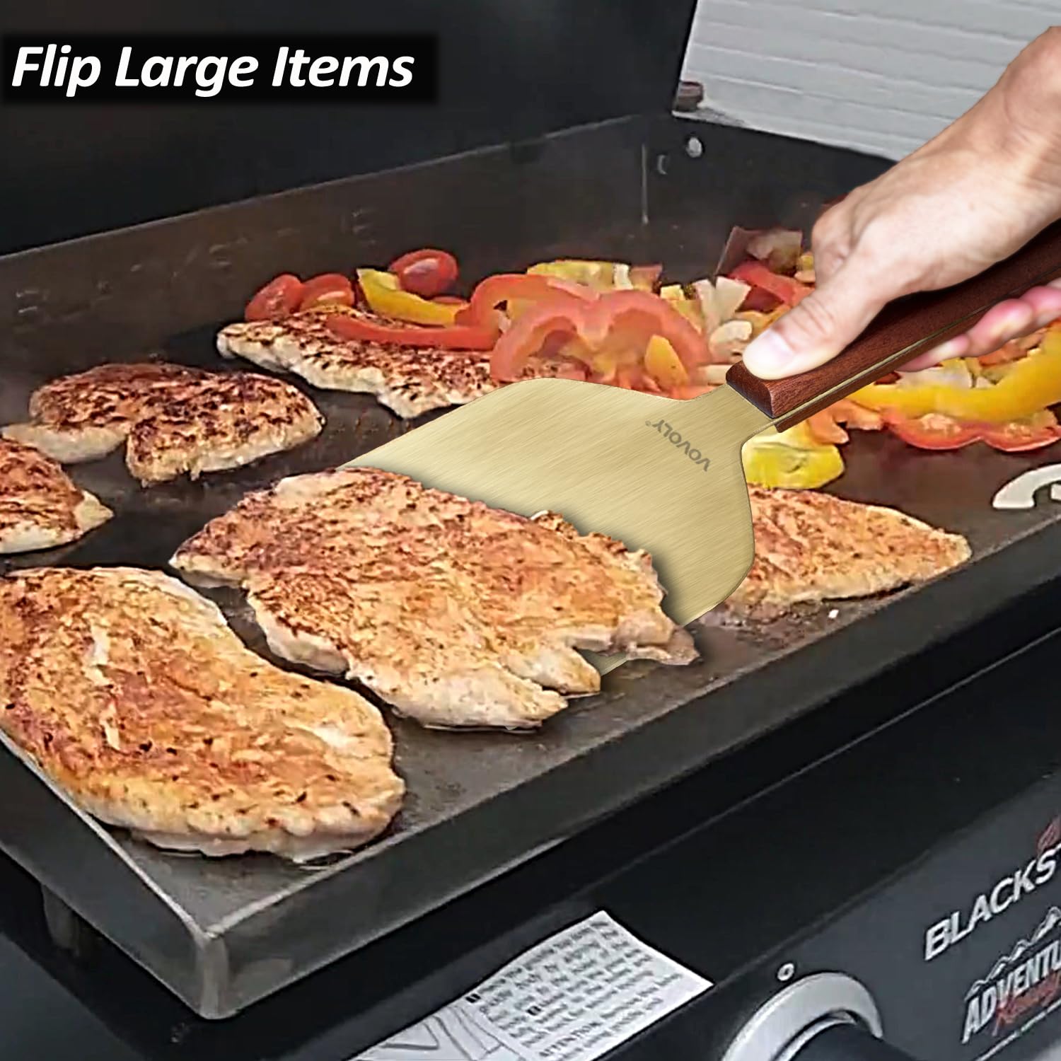 Vovoly heavy-duty burger flipper delivers strong leverage for thick patties.