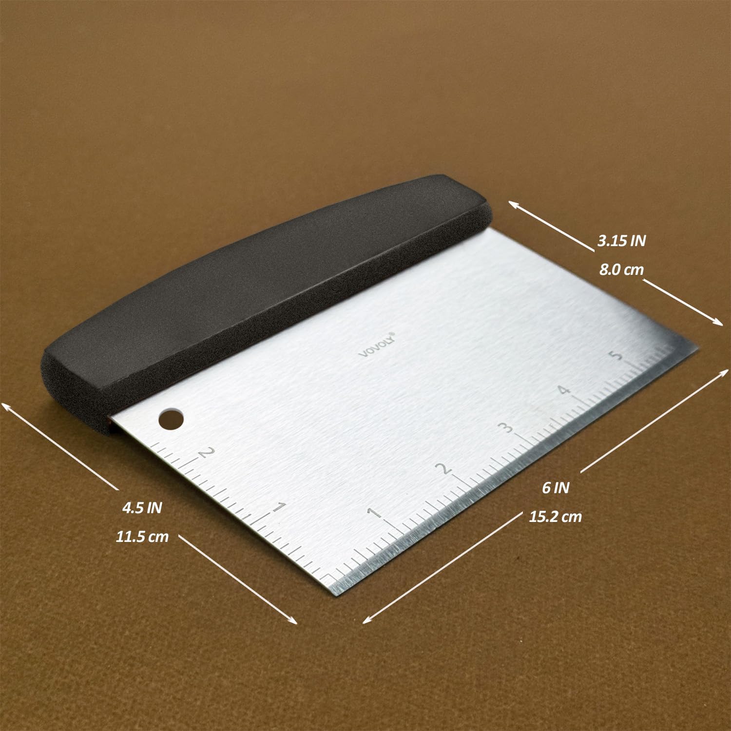 Vovoly dough scraper with a precision beveled edge for clean cuts.