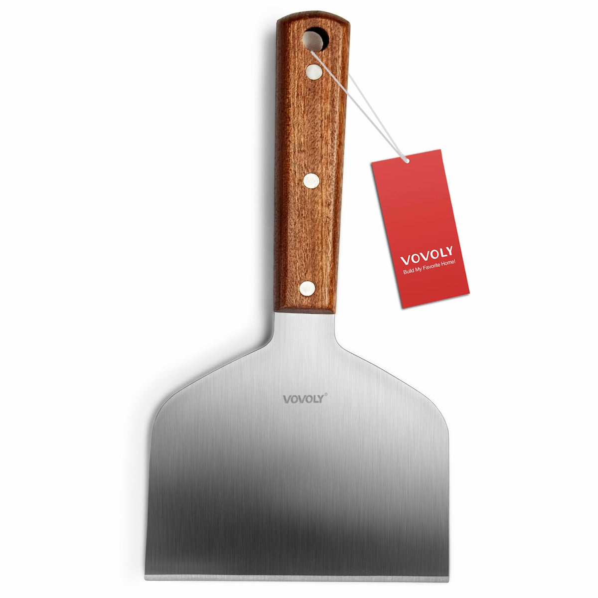 Vovoly griddle scraper with flat surface for quick, even flips on a hot griddle.