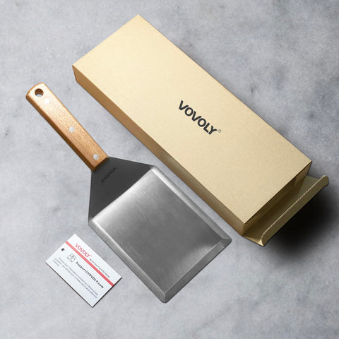 Vovoly grill spatula designed for versatile BBQ and cast iron use.