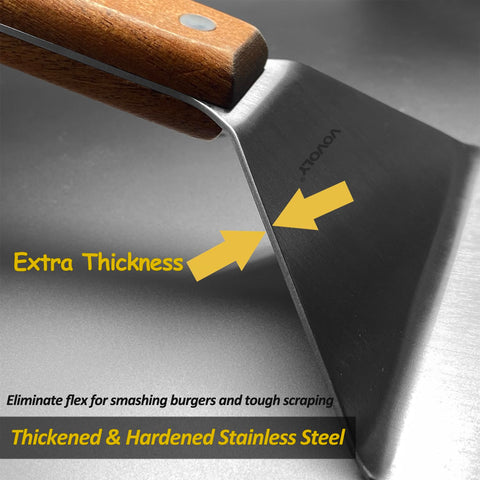Vovoly pancake flipper for even browning on flat tops.