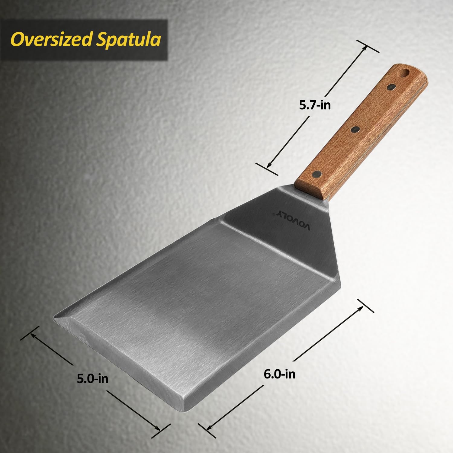 Vovoly stainless steel spatula with beveled edge for precise cutting and scraping.