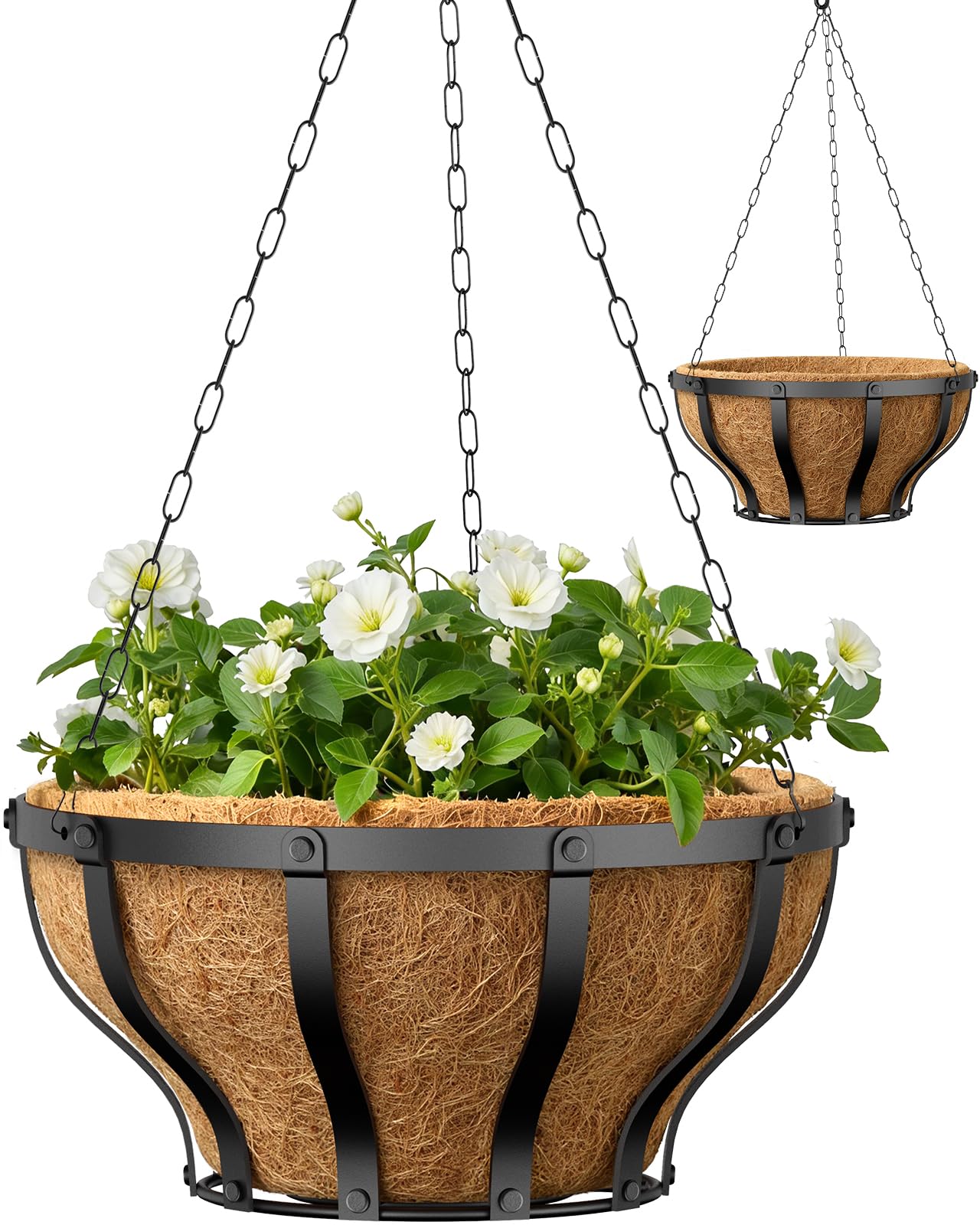 VOXOR 12-inch metal hanging baskets for sturdy outdoor display and plant organization.